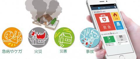 急病やケガ、火災、災害、事故のイメージ図とシステム使用時のスマートフォン画面